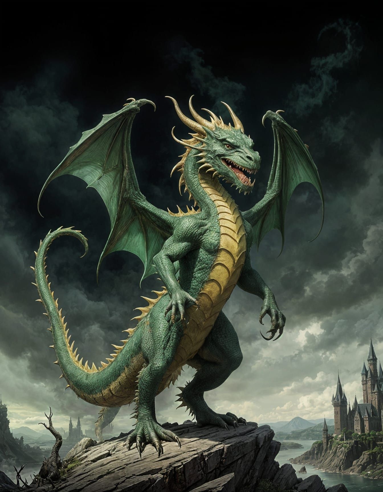Green-Hued Dragon in Horror Art Style