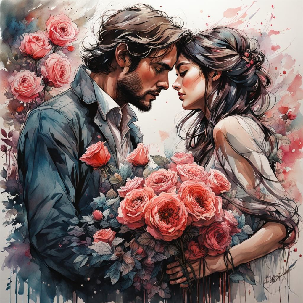 Romantic Brush Pen Drawing of Roses Bouquet