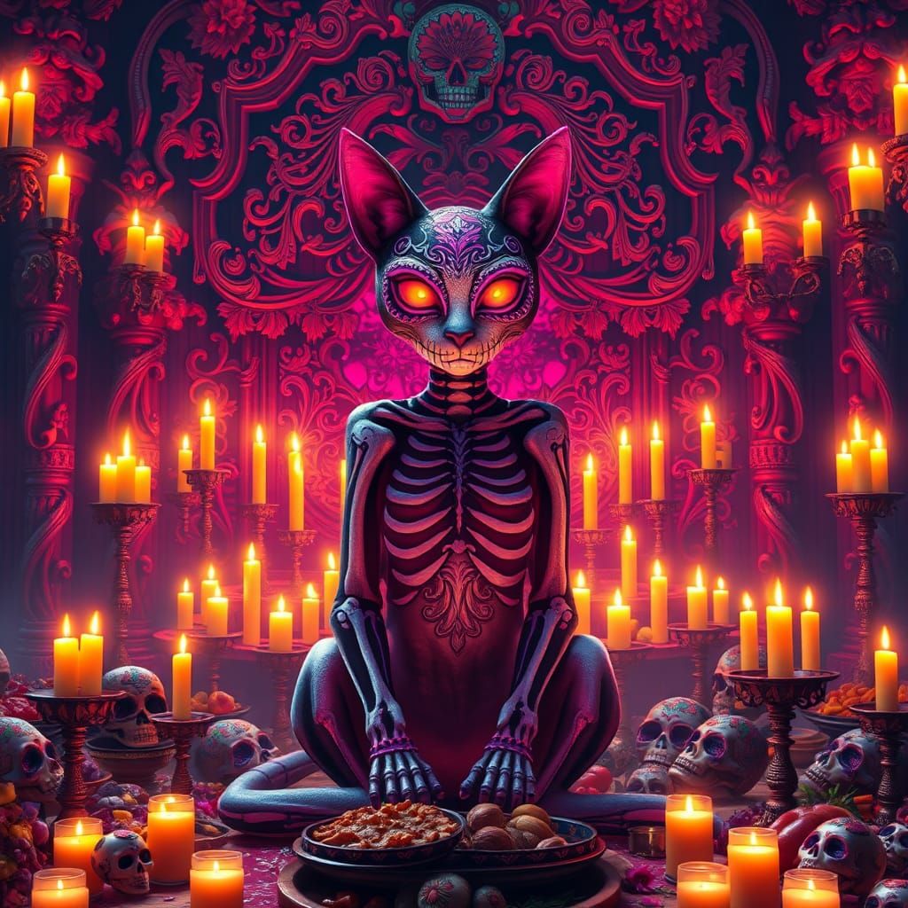 Ornate Day of the Dead Cat with Altar in 8K