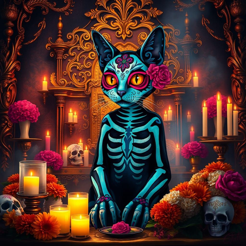Day of the Dead Cat in Ornate Setting