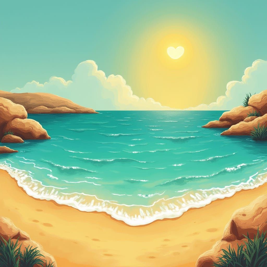 Heart-Shaped Sun over Cyprus Beach in Digital Painting