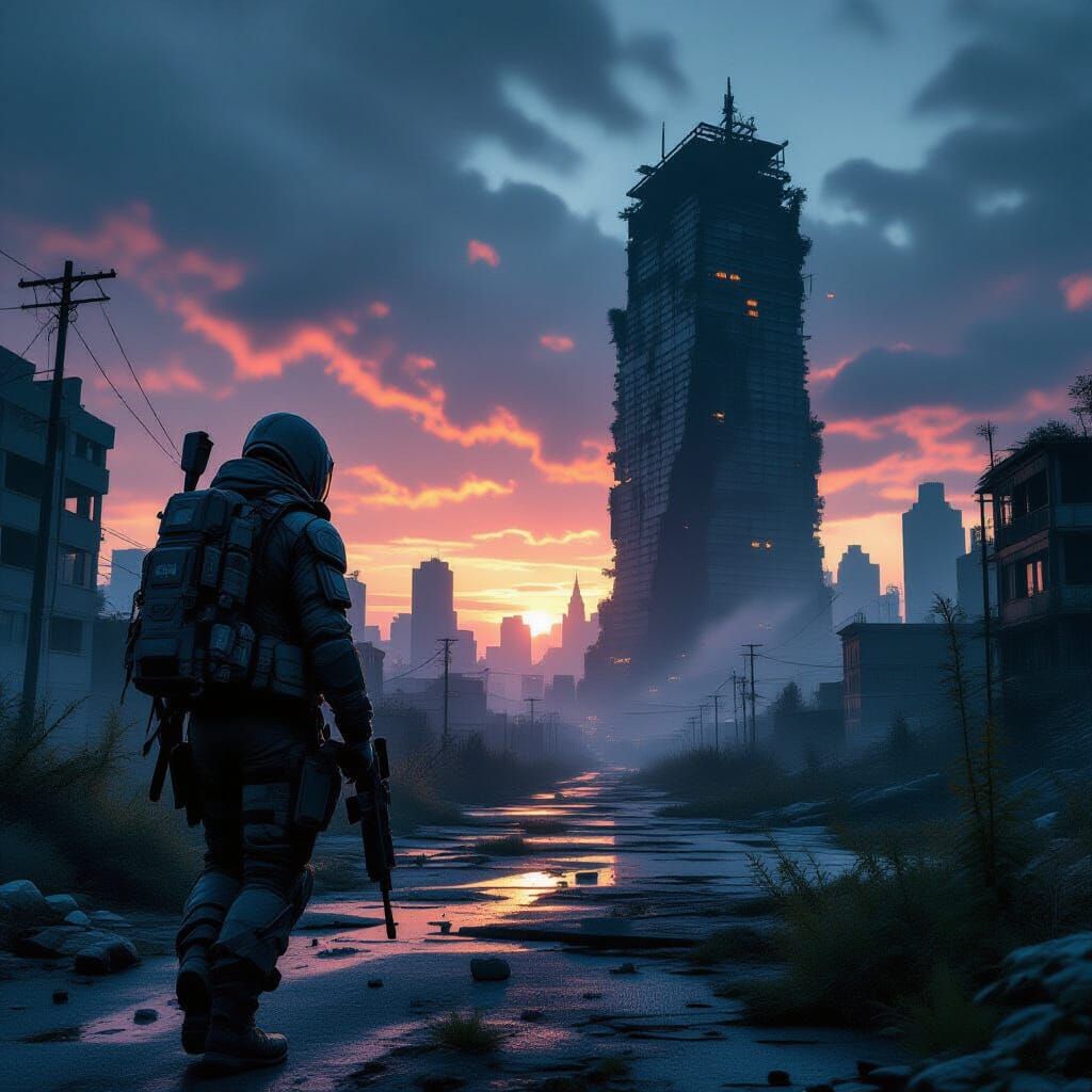Survivor in Overgrown Cityscape Under Twilight Sky