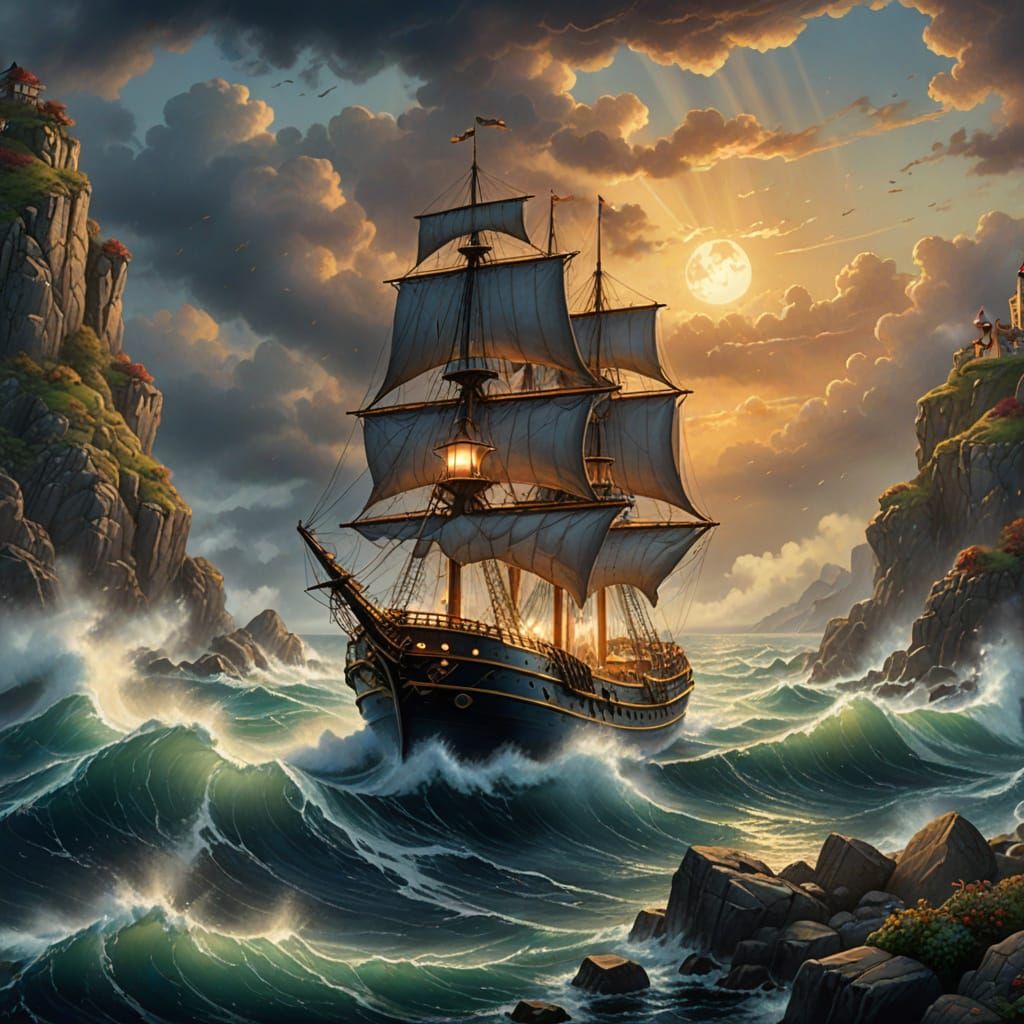 Steamship Battles Storm in Hyperrealistic Digital Art