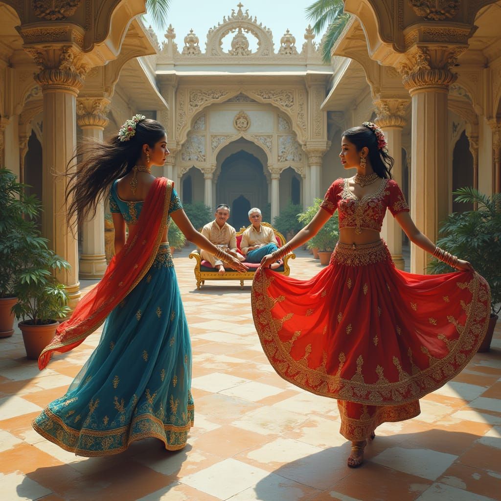 Indian Women Dancing in Palace Courtyard, Hyperrealistic Sty...