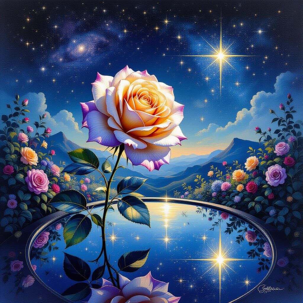Violet and Gold Rose Reflecting Infinite Starry Garden