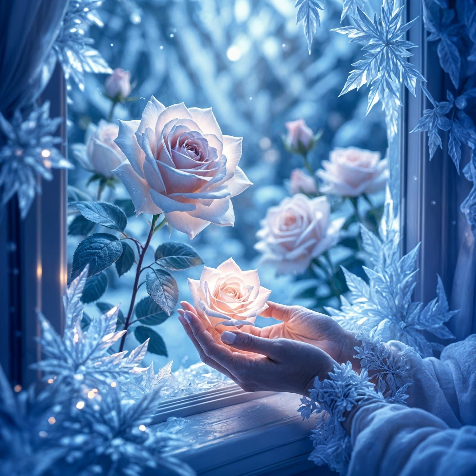 Frozen Rose Garden Behind Ice Crystal Window