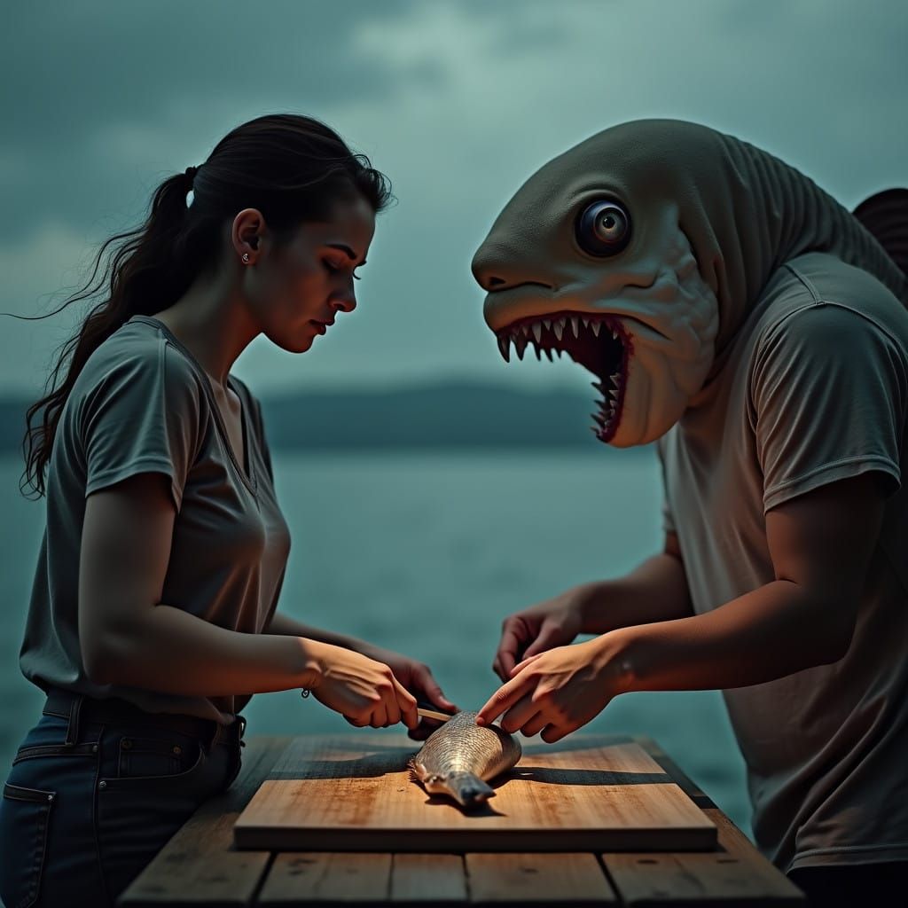 A Guilty Woman Cuts Fish as a Furious Mermaid Watches