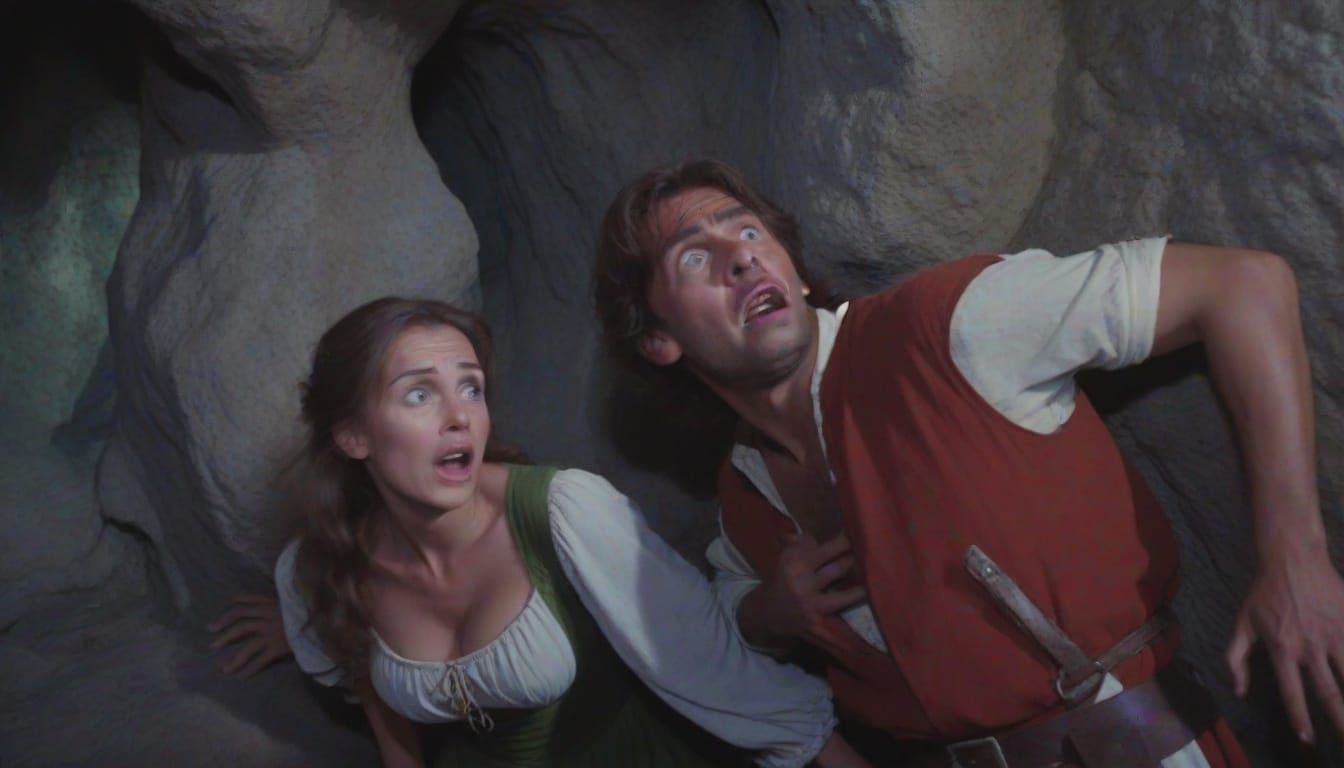 Frightened Medieval Couple in Cave