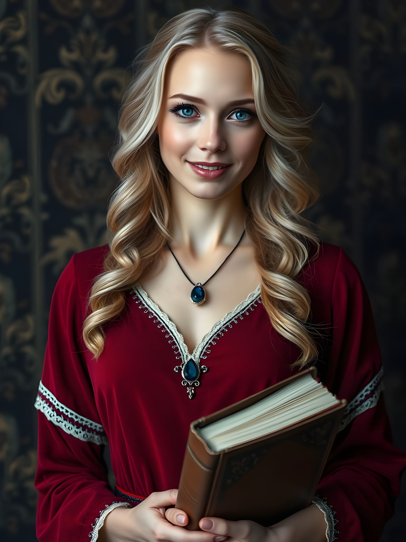 Norse Goddess of Storytelling in Elegant Dark Red Gown