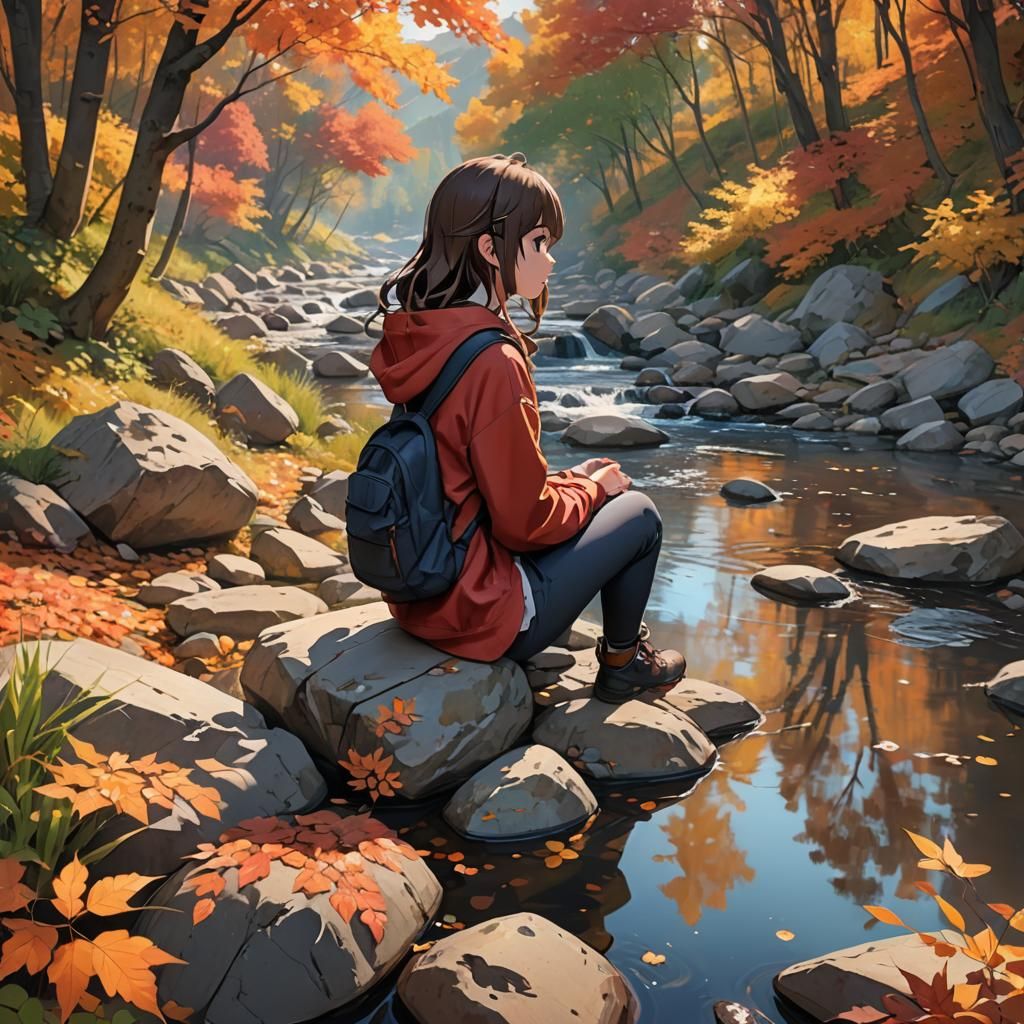 Anime Woman by Creek in Autumnal Sunlight