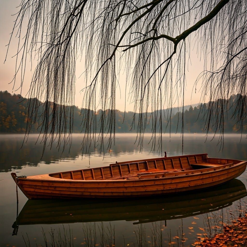 Quiet Morning on a Golden Lake with a Wooden Boat and Autumn...