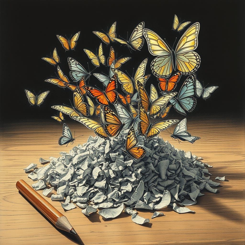 Butterflies Erupting from Pencil Shavings in Dalí-Inspired S...