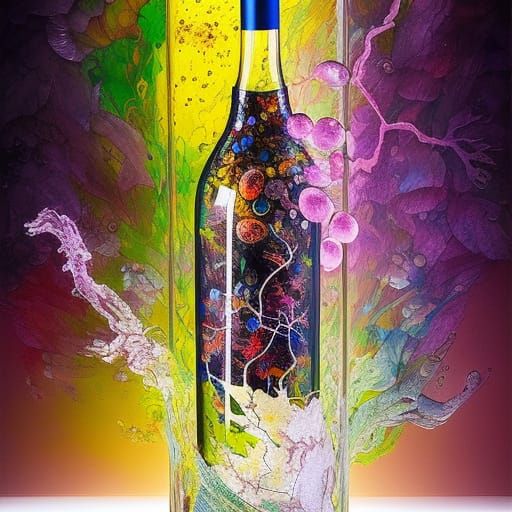 Intricate Glass Wine Bottle with Grapes, Splash Art