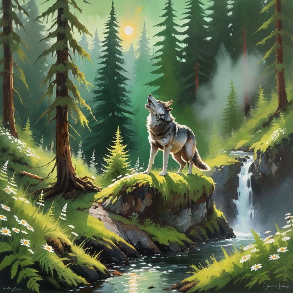 Wolf Howling in Emerald Forest: Gouache Impasto