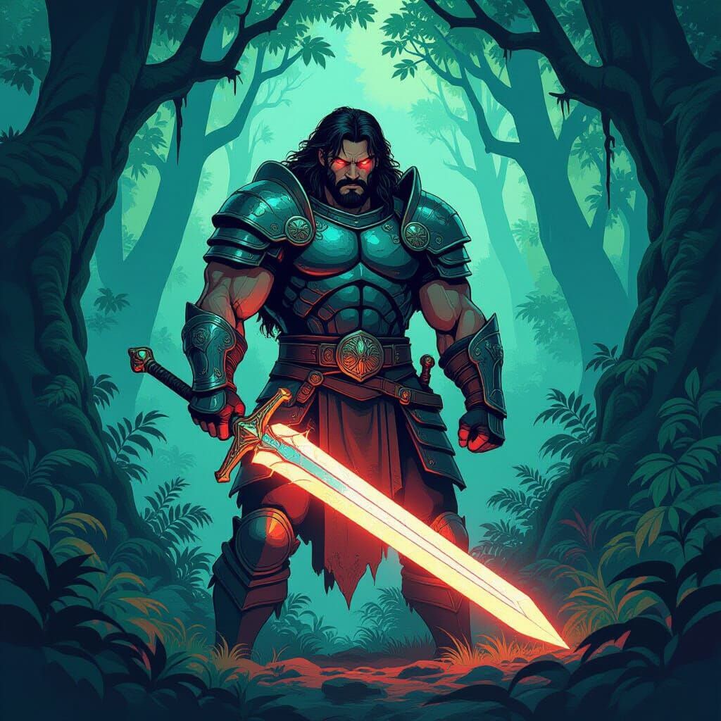 Warrior with Glowing Sword in Ancient Forest - 1960s Comic S...