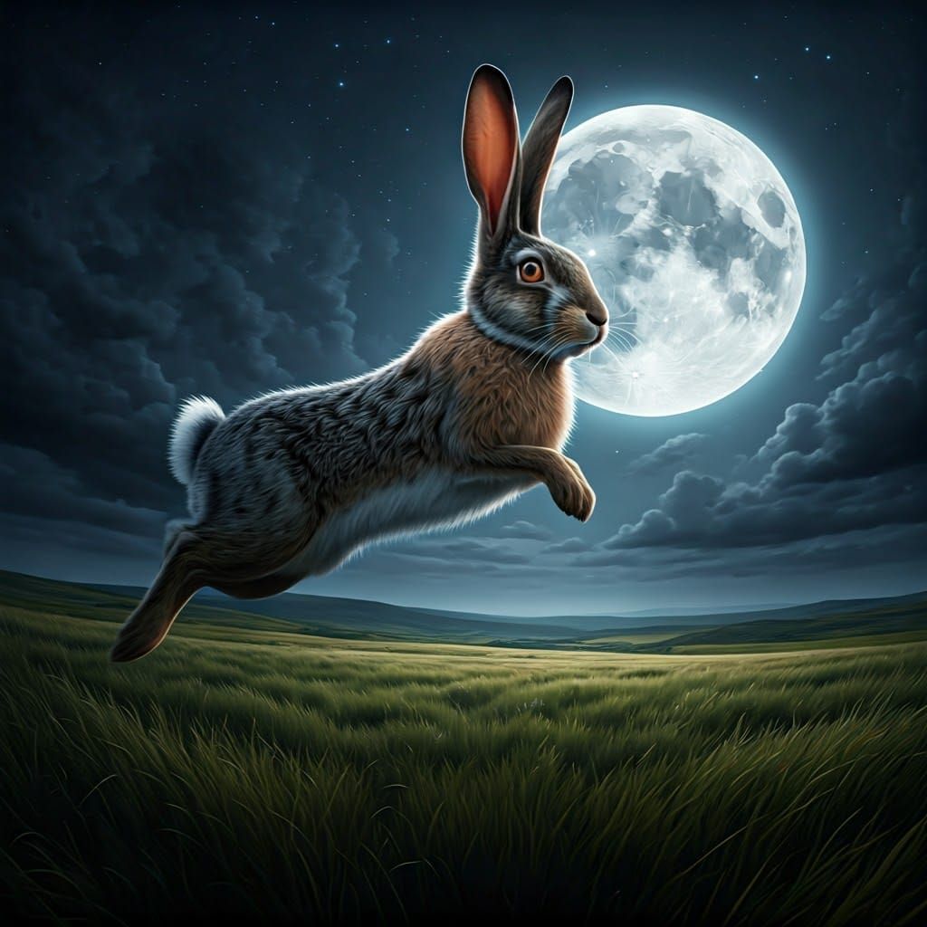 Terrified Rabbit Leaps Before Ominous Moon