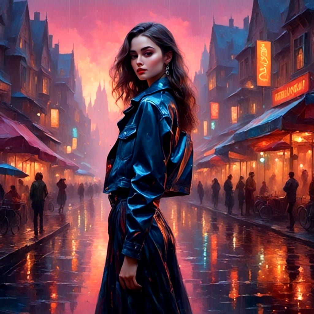 Brunette with Wet Hair and City Lights