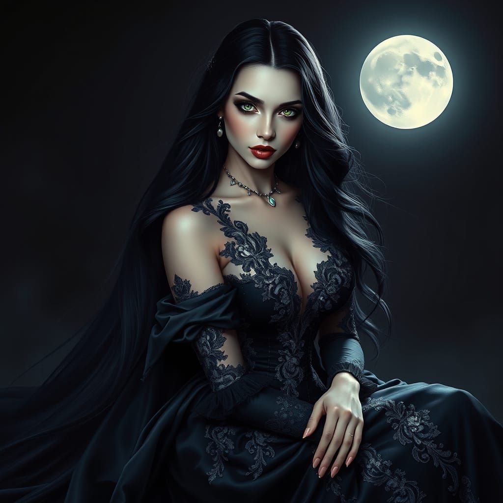 Ethereal Vampire Woman Under Moonlight in Elegant Gown