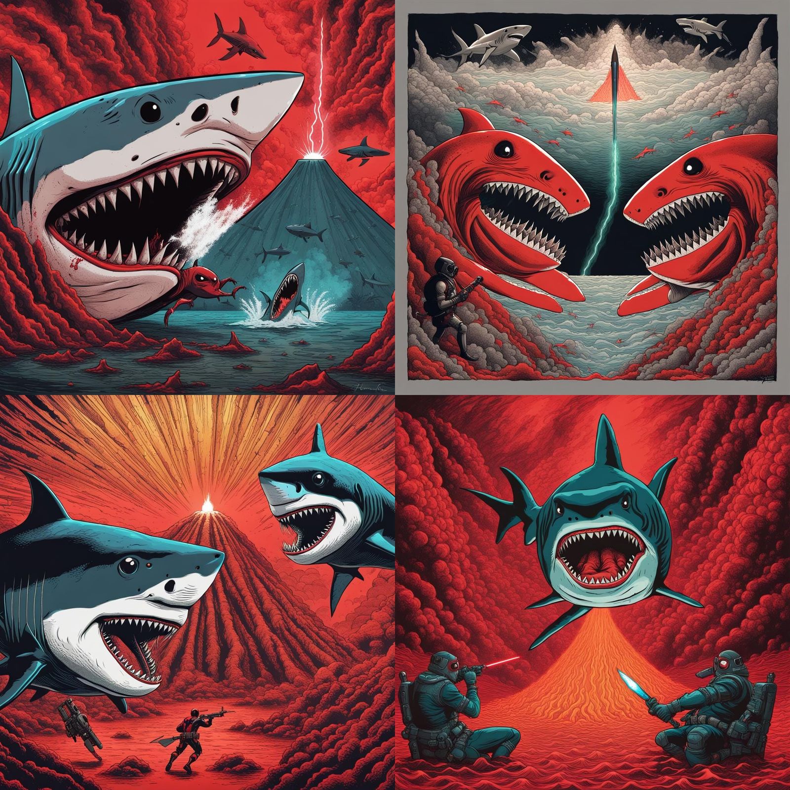 Sharks with Laser Beams in Volcano Lair Scene
