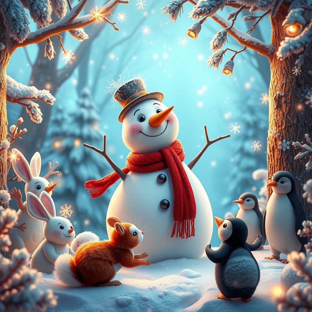 Whimsical Snowman in Enchanted Winter Wonderland