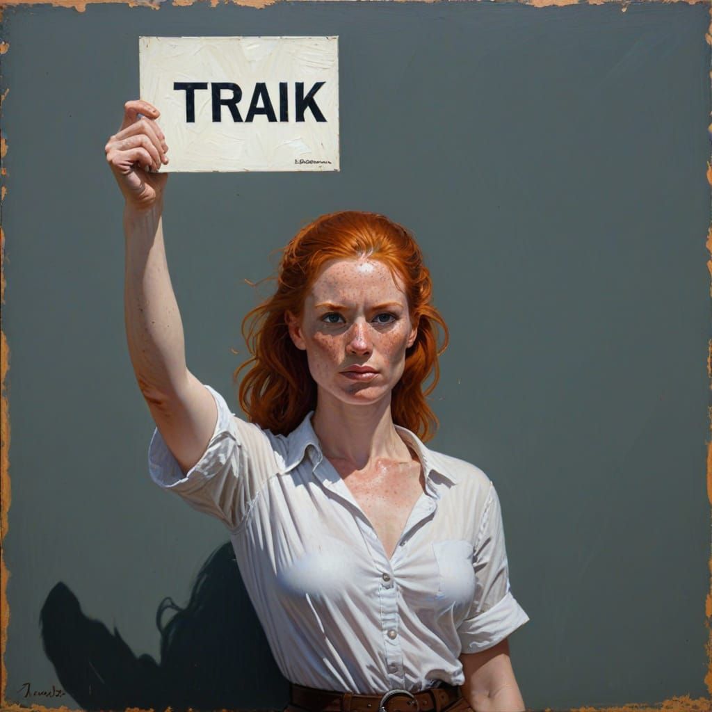 Ginger Woman Holds "THRAK" Sign in Oil Painting