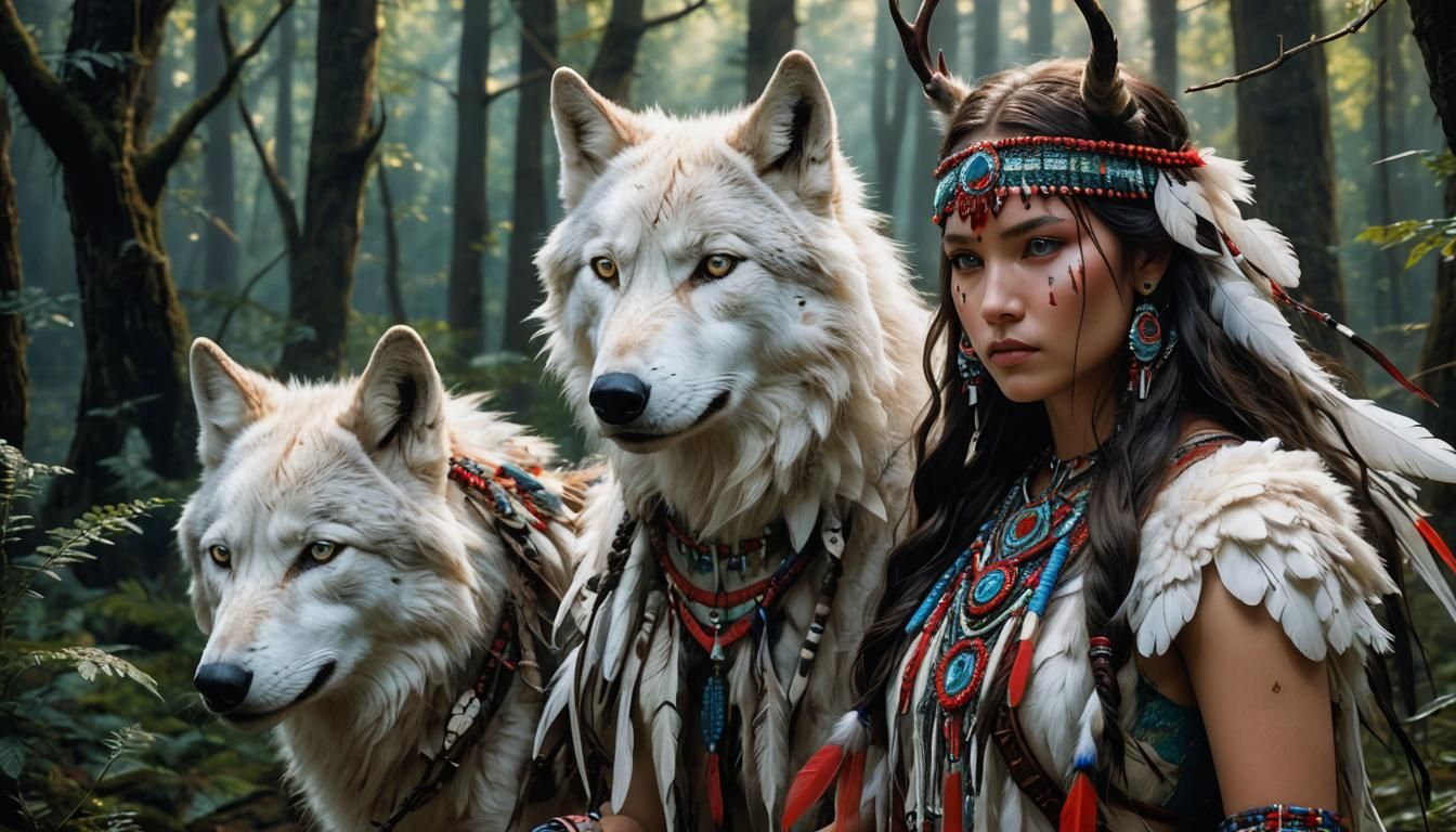 White Wolf and Girl in Forest Clearing