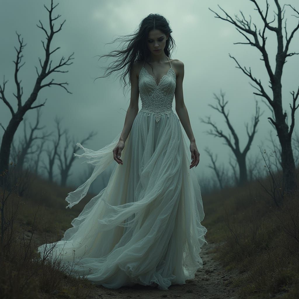 Elf Bride in Torn Gown on Windswept Moor