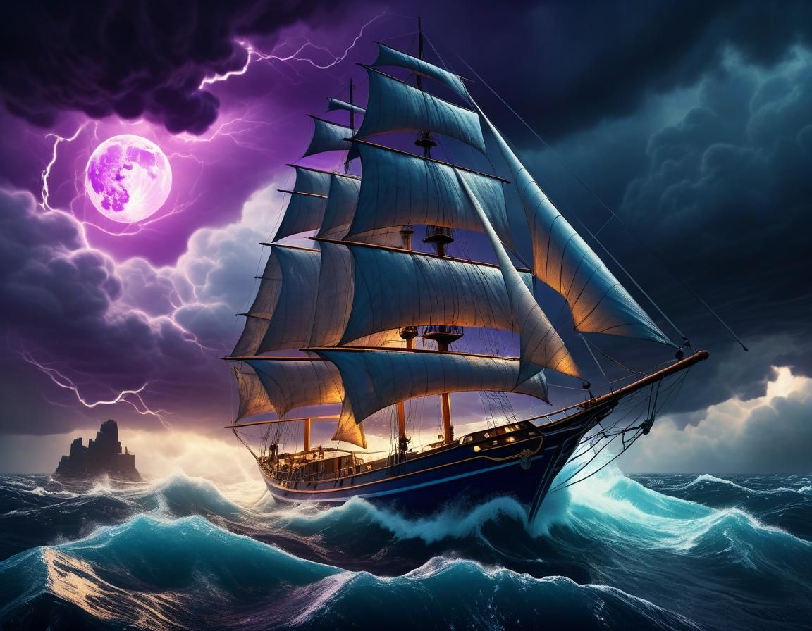 Sailboat Navigating Stormy Seas in Fantasy Art Style