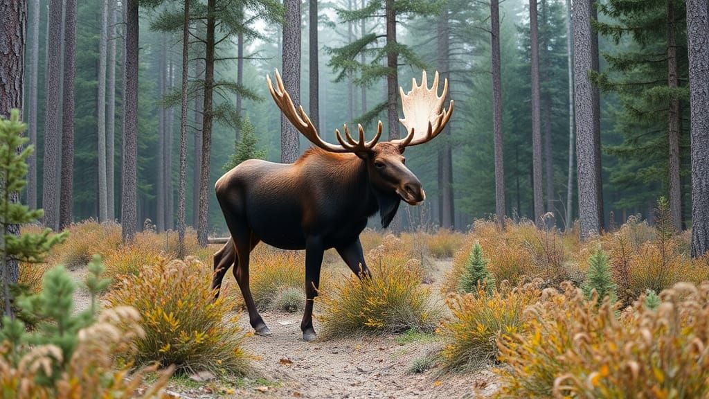 Moose Roaming Through a Dense Forest