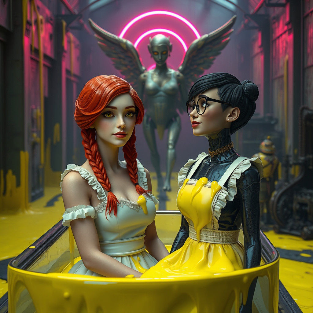 Eerie Factory Scene with Maids and Slime