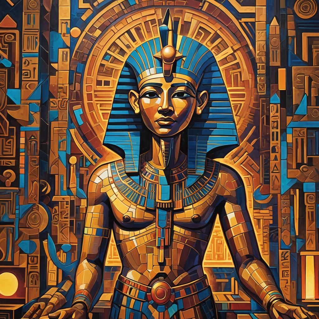 Ra Navigates Underworld in Geometric Cubist Painting