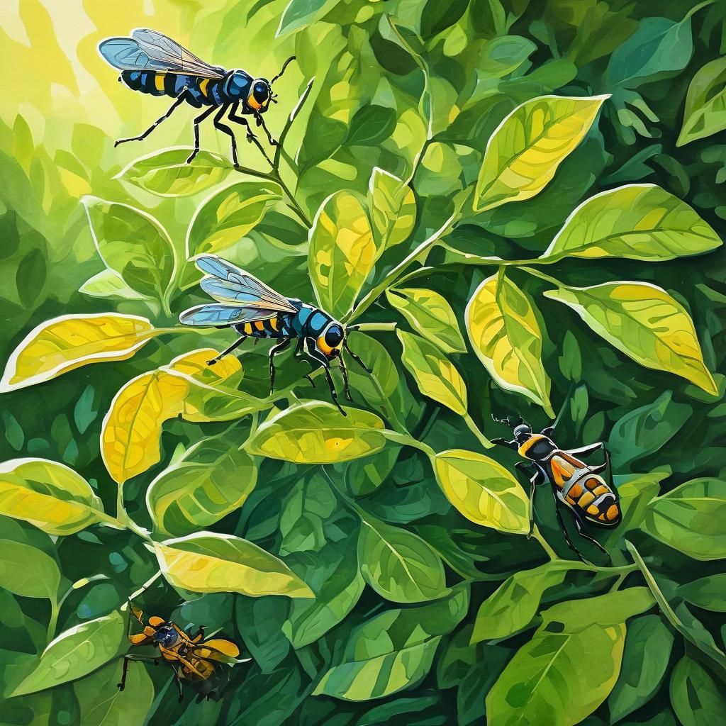 Big-Eyed Insects on Shrub Leaves: Gouache Illustration