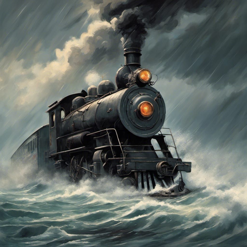 Steam Train in Ocean Storm, Sinister Painting
