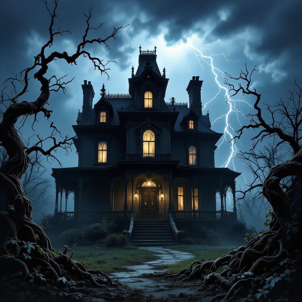 Eerie Victorian Mansion Silhouetted in Gothic Horror Style
