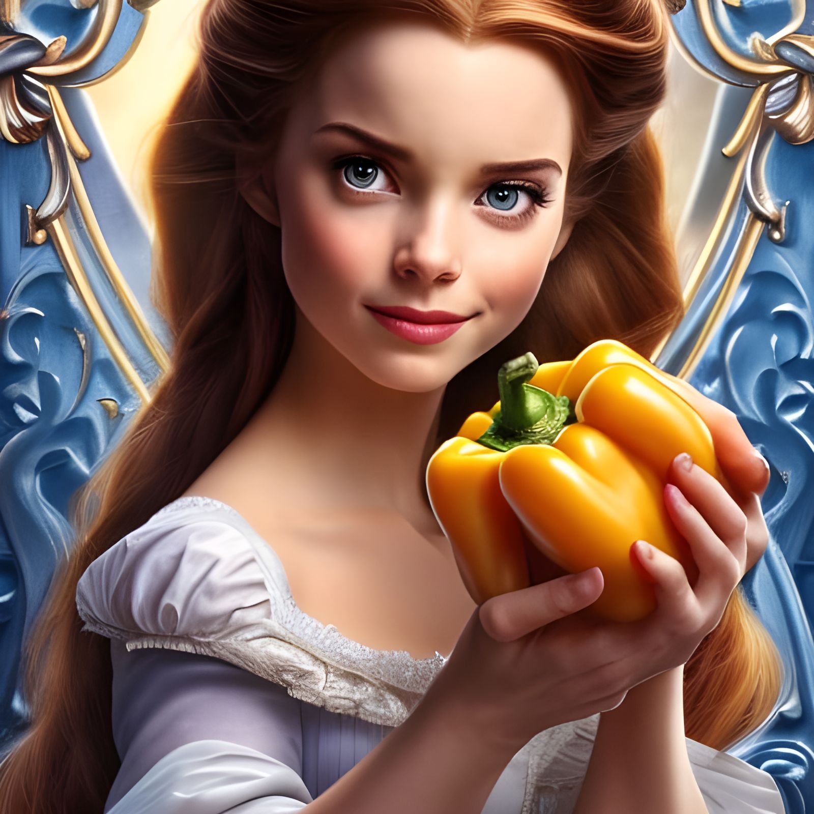 Hyperrealistic Belle with Bell Pepper, Detailed Composition