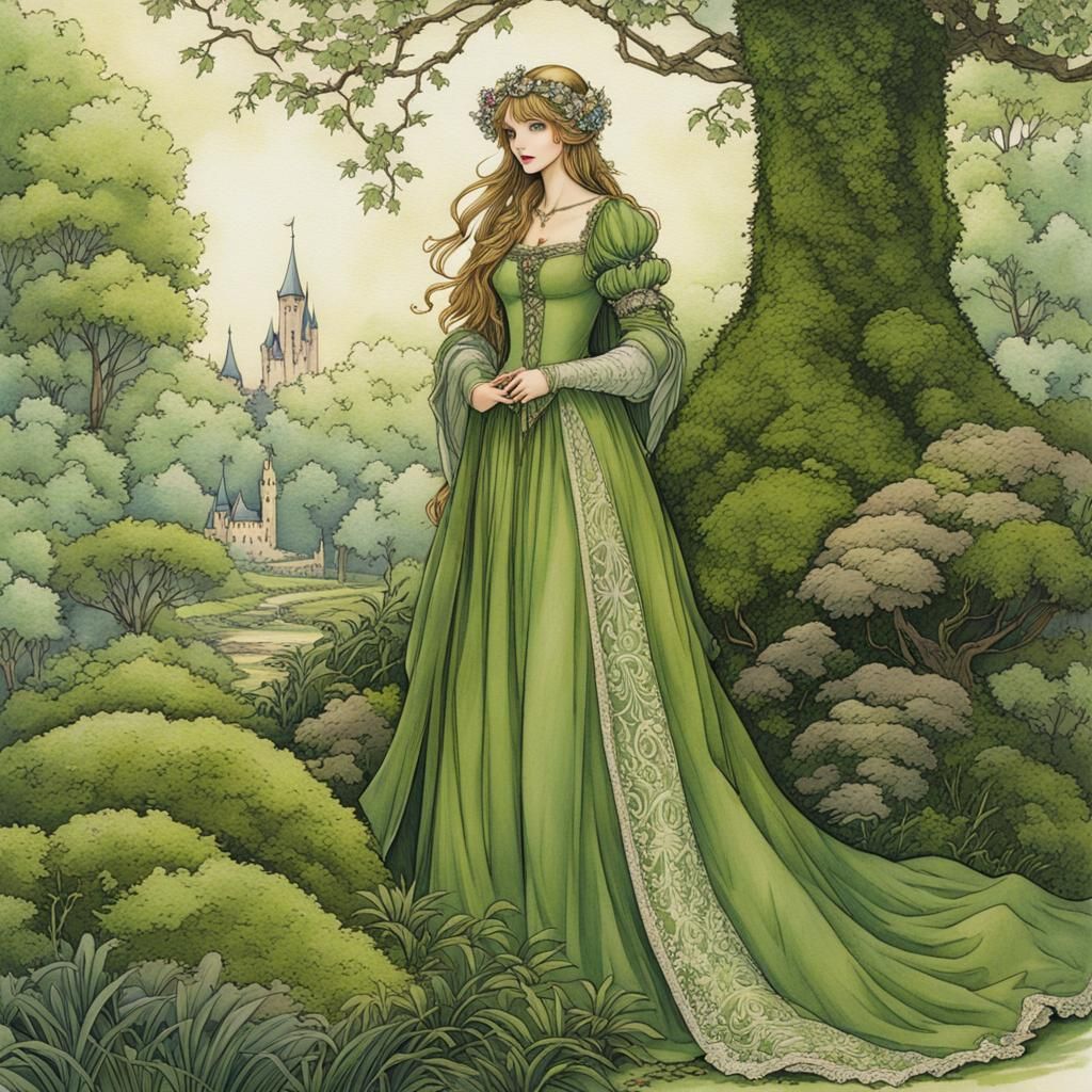 Medieval Maiden in Mossy Garden: Arthur Rackham Style