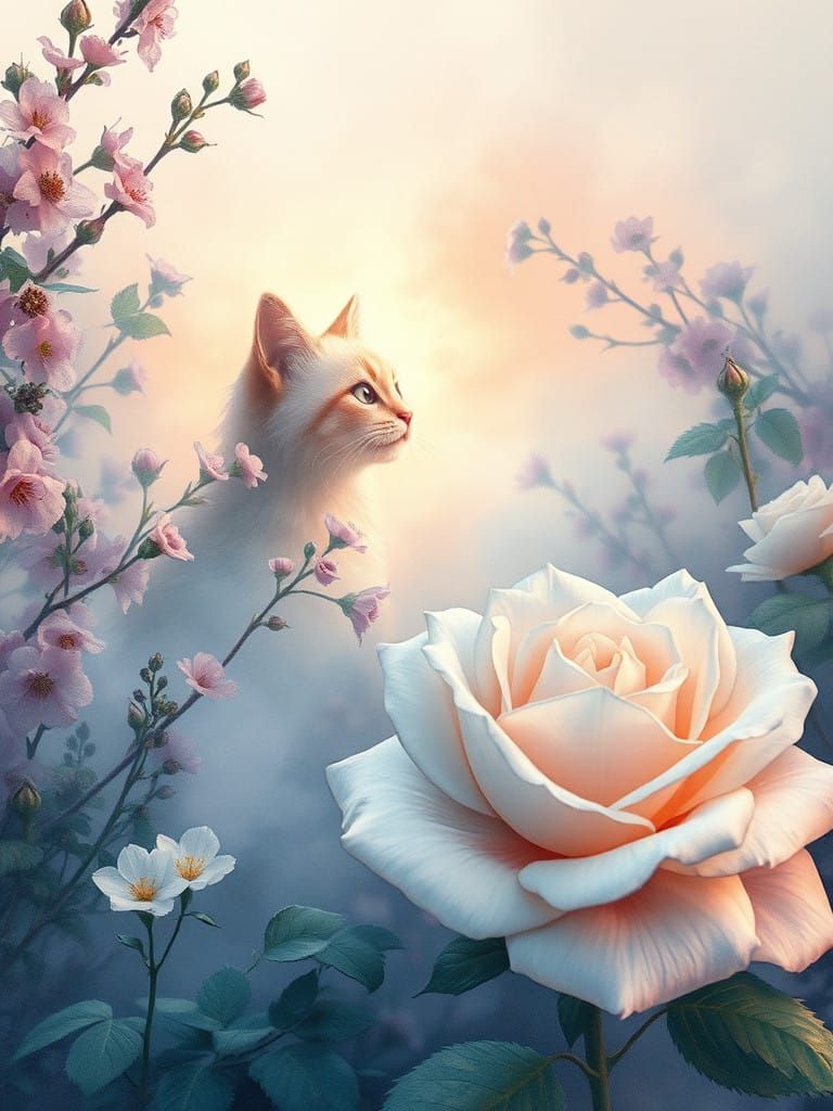 Mystical Feline Form Among Blooming Bushes in Whimsical Wate...