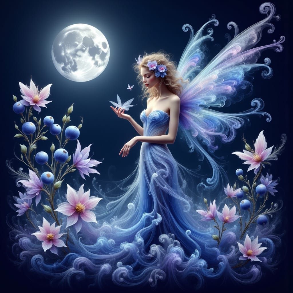 Whimsical Blue Fairy in a Dreamlike Summer Scene
