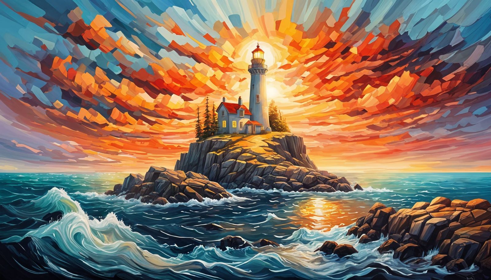 Lighthouse on Rocky Island at Sunset