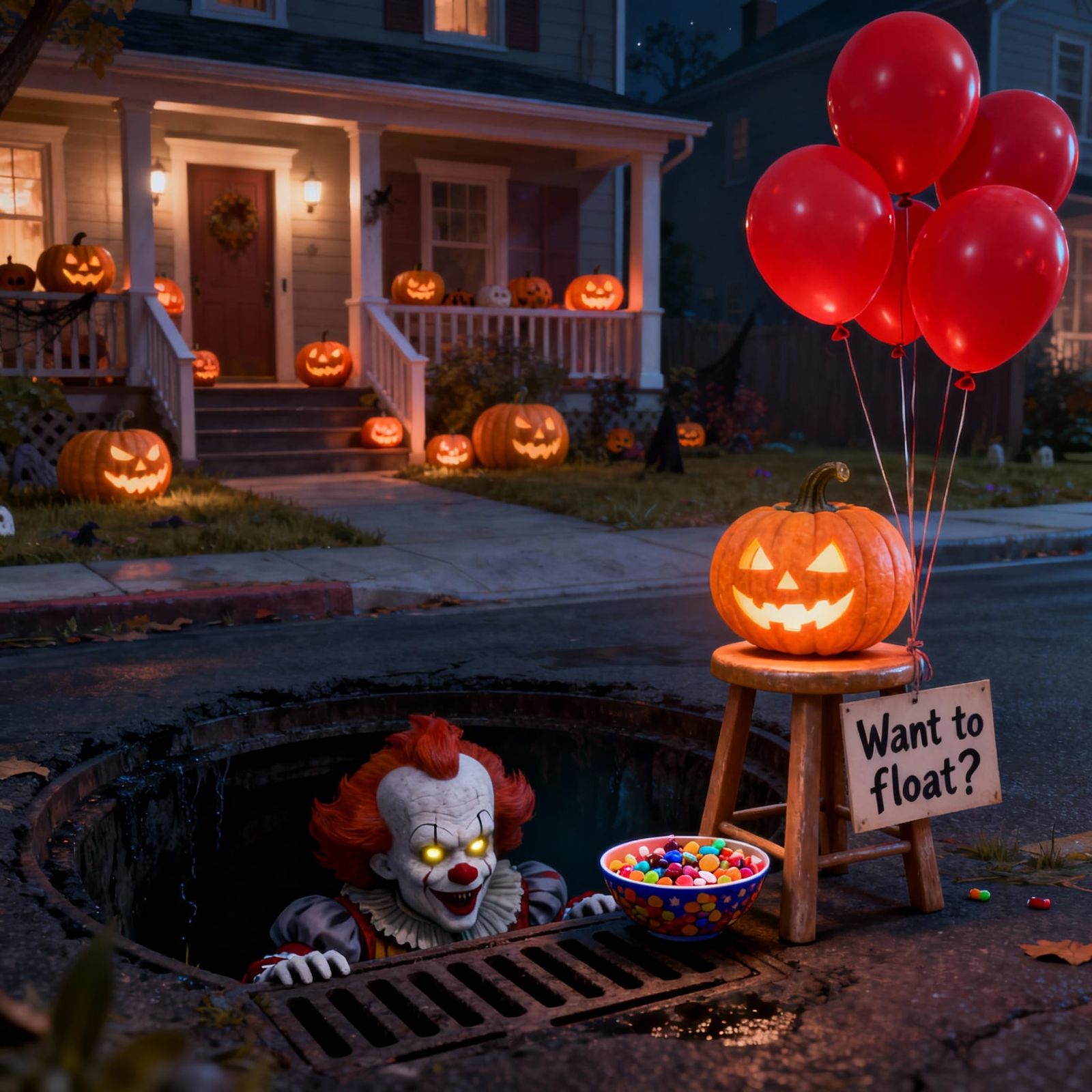 Scary Halloween Night With IT Clown and Red Balloons