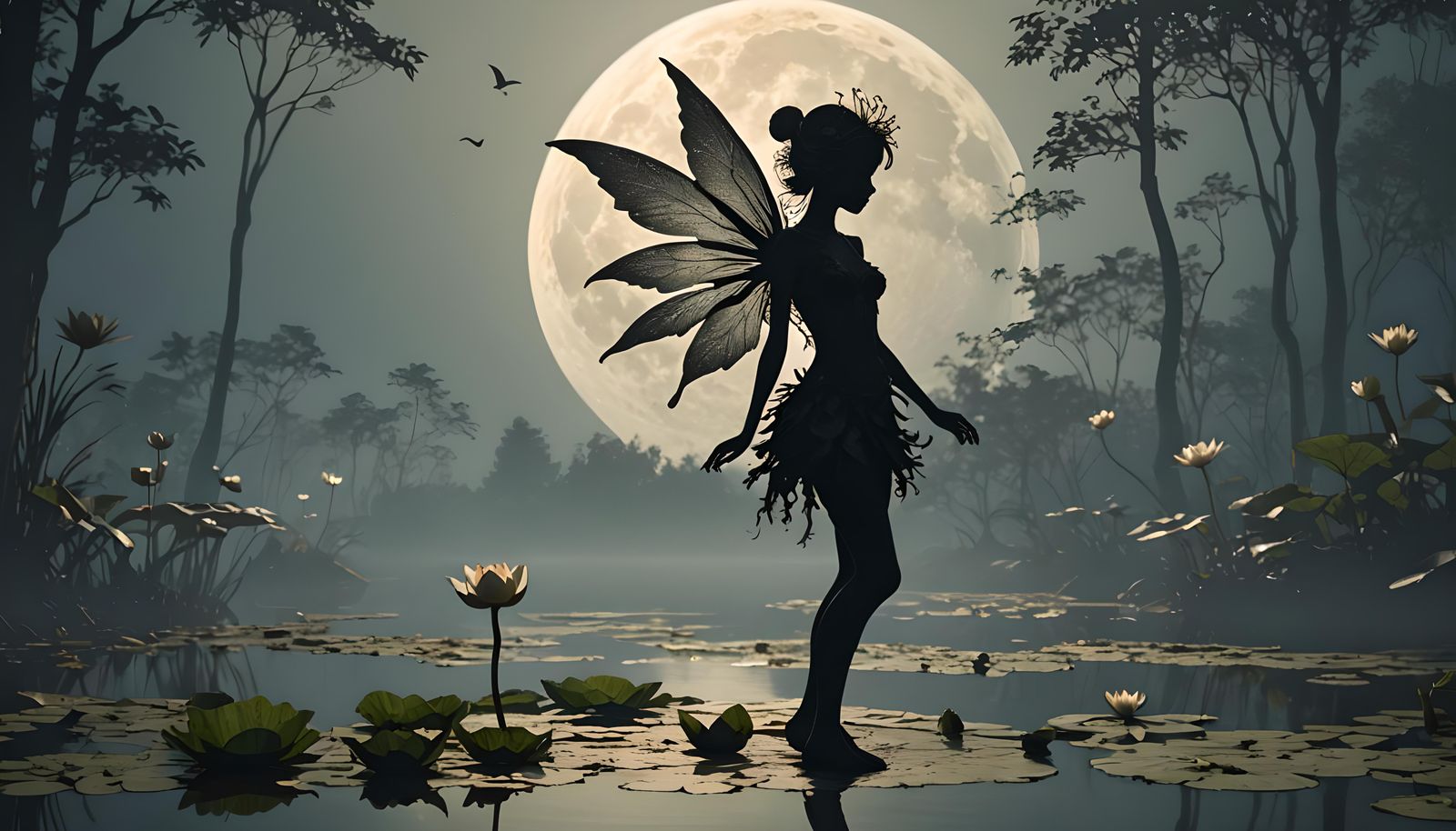 Moonlit Fairy Silhouette on Waterlily