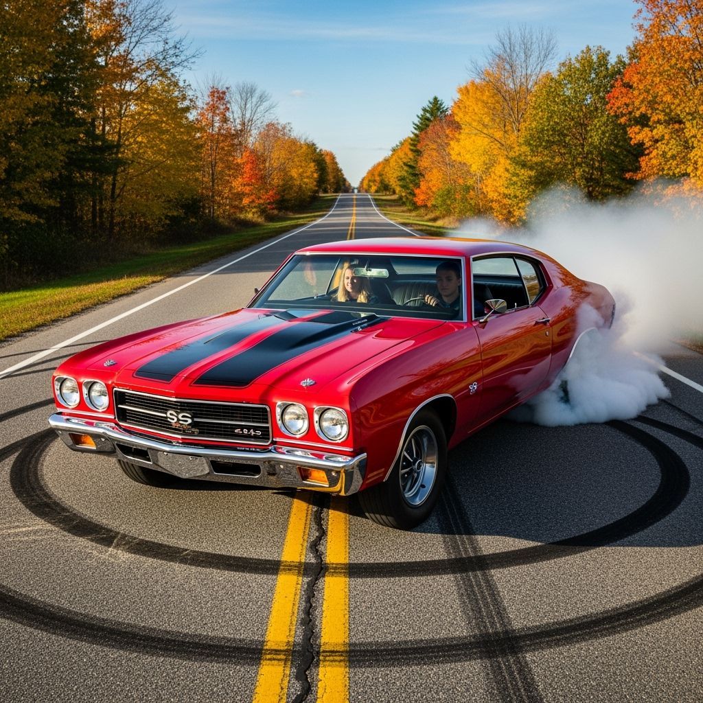 Candy Apple Red 1970 Chevelle Burnout in Fall New England