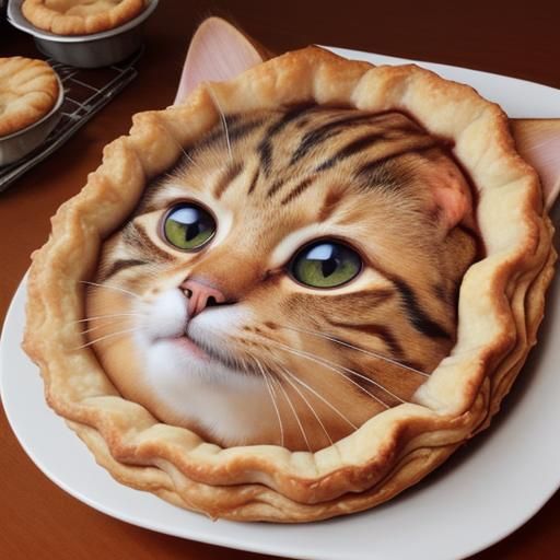 A cat face drawed in an apple pie.