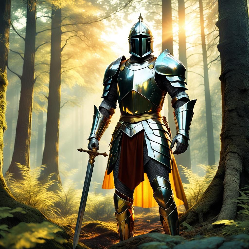 A fantasy concept art piece featuring a valiant knight in po...