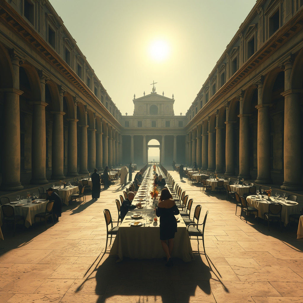 Giorgio de Chirico Style Metaphysical Plaza with Dinner Part...