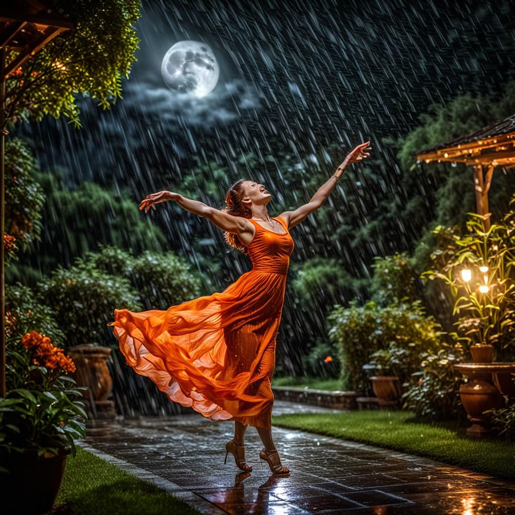 Woman Dancing in Moonlight Garden: Hyperrealistic HDR
