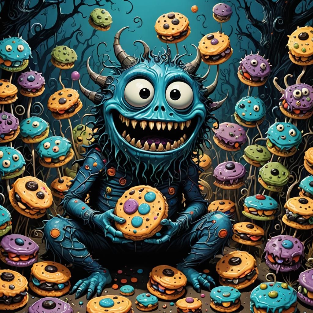Funny Monster Eating Cookies in Tim Burton Style