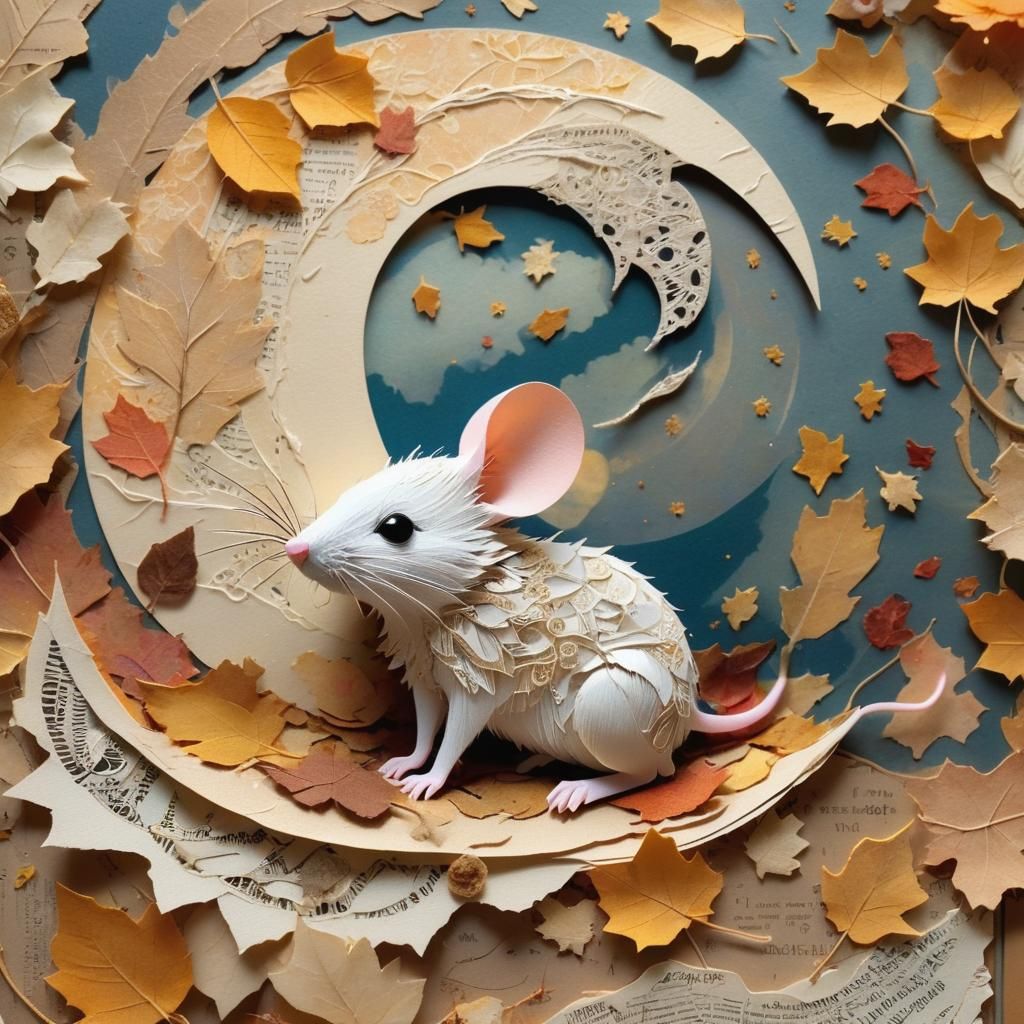 Paper Mouse Under Autumn Moon Collage