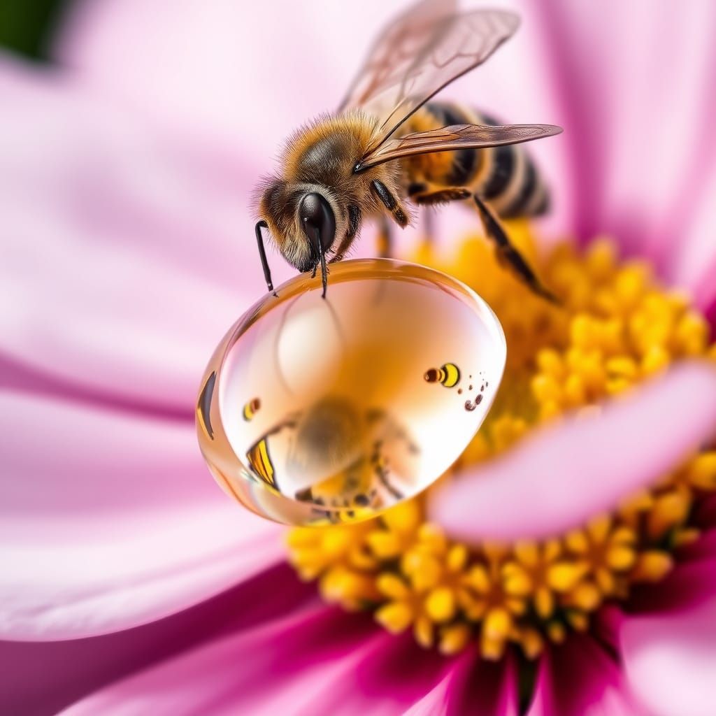 A Bee's Whimsical Self-Portrait in a Floral Water Droplet