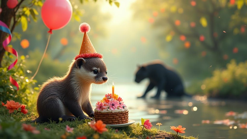 Baby Otter's Joyful Riverbank Birthday in Vibrant Colors